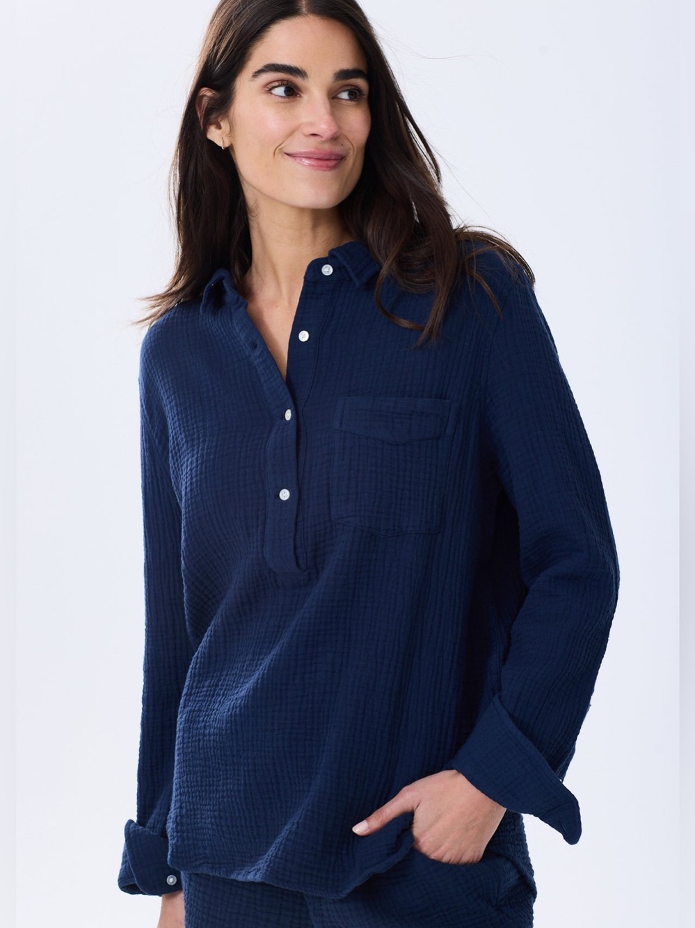 Alice Walk Organic Cloud Cotton Gauze Top Shirt Blouse Womens Small Navy Blue